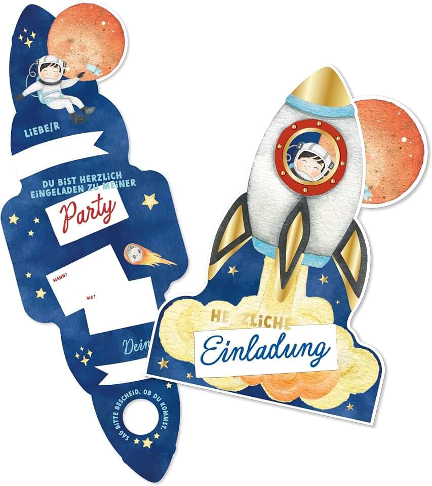 Papierdrachen 12 Einladungskarten Kindergeburtstag - Weltall - Raketenform - Motto-Party - 350g-Karton - Dunkelblau-Gold - Goldfolie - Jungen Mädchen