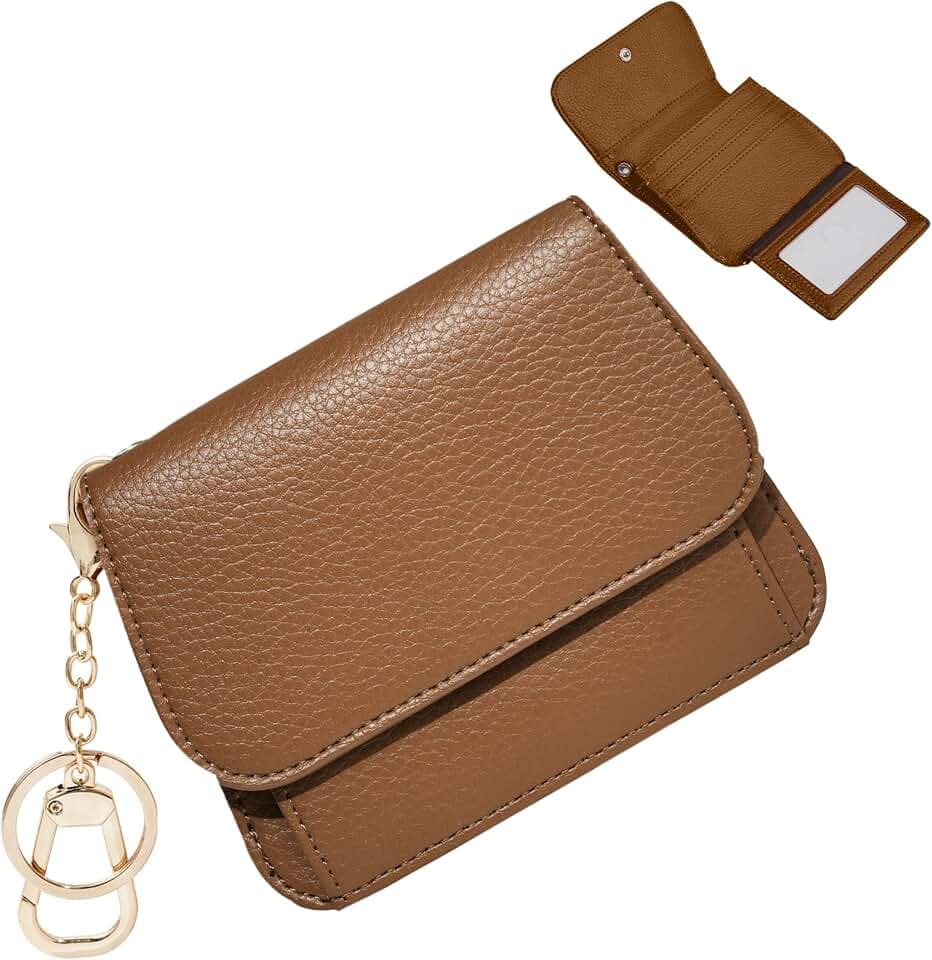 Women Small Wallet RFID Blocking Slim Wallet with Coin Pocket Tri-Fold Credit Card Holder with ID Window and Keychain(Camel)