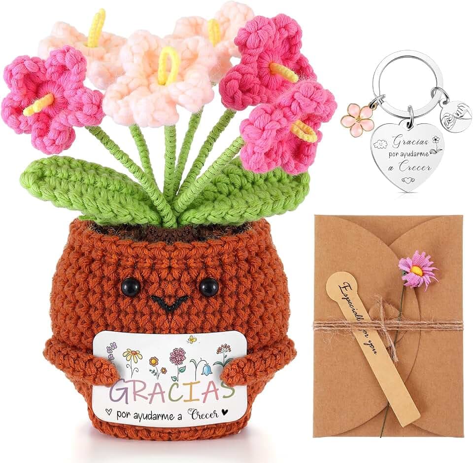 Chalyna Geschenkset zur Anerkennung von Lehrern Enthält Positive Häkel, Schlüsselanhänger mit Gracias por Ayudarme a Crecer, Grußkarte zum Abschlussgeburtstag(Blume)