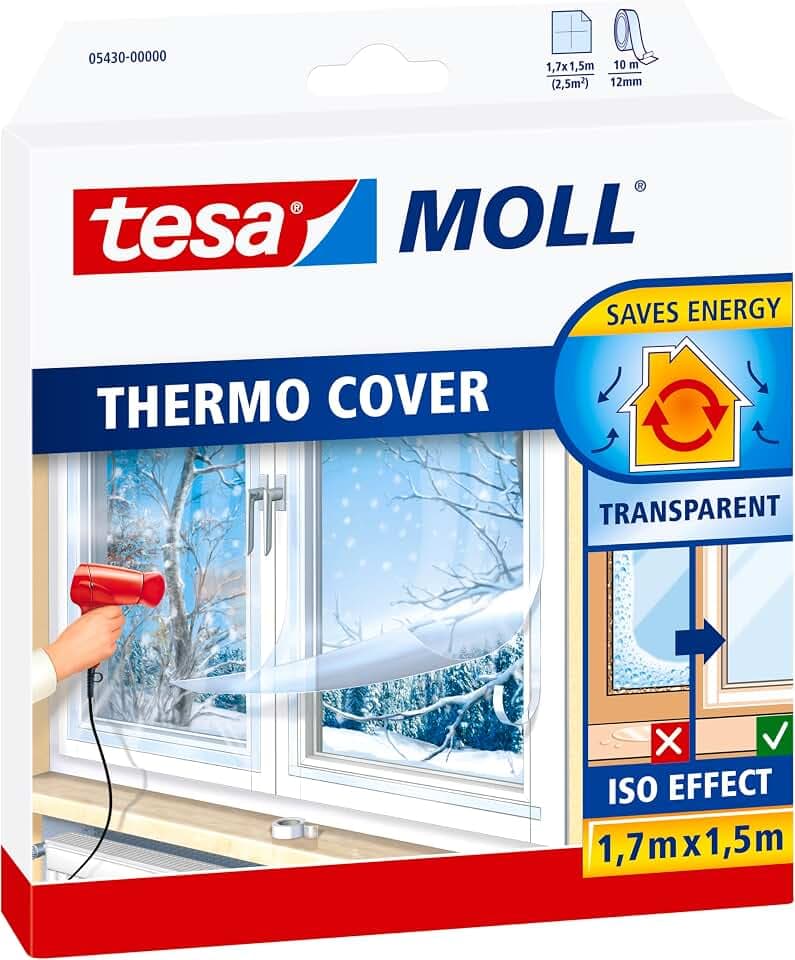 tesa INSULATION Fenster-Isolierfolie - 1,7 m x 1,5 m | Transparente Thermofolie zur Wärmedämmung an Fenstern - inklusive praktischer Klebelösung - für Kälteschutz im Innenbereich