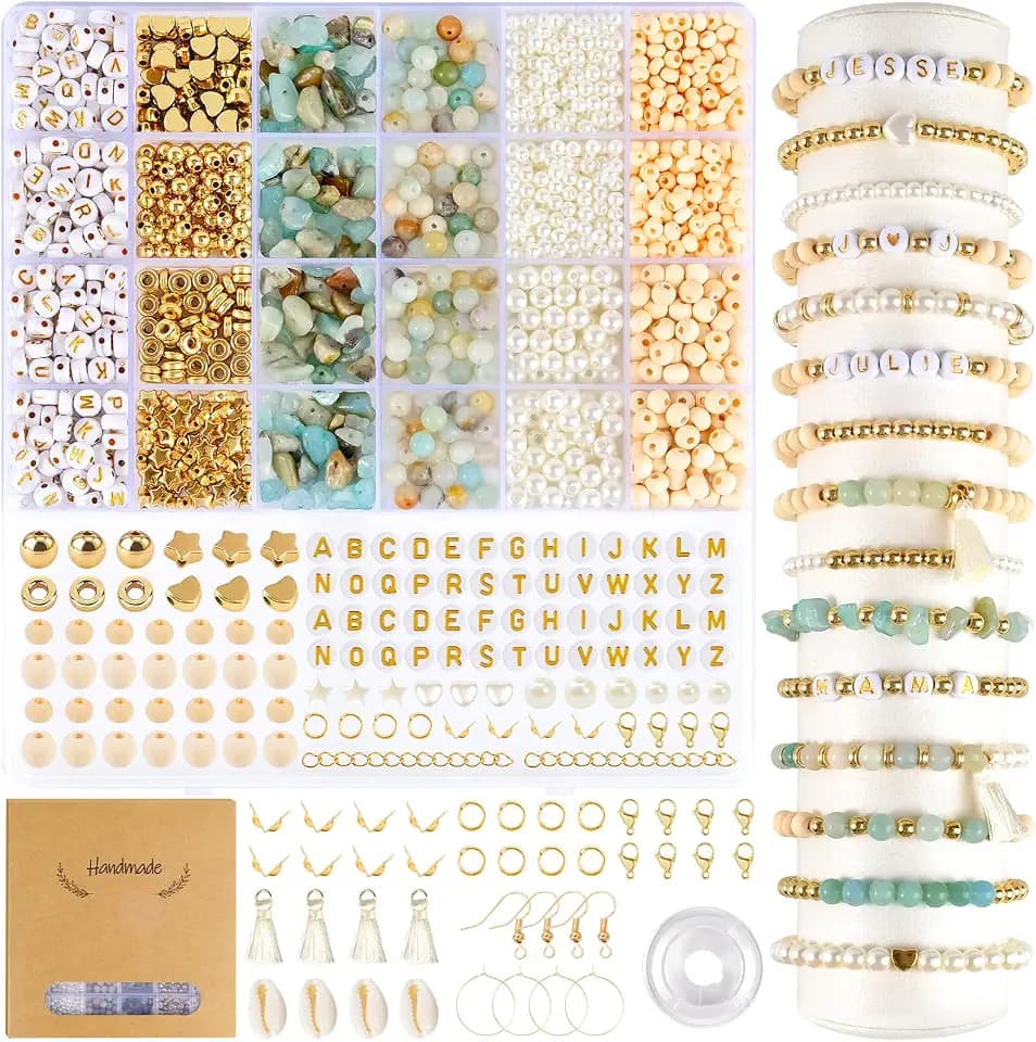 EUES Natürliche Amazonit Perlen für Armbänder, Edelstein Perlen Kit, Naturstein Perlen Set mit Holzperlen, Boho Armbänder Selber Machen für DIY Schmuck Perlen Bracelet Making Kit, Partys, Weihnachten