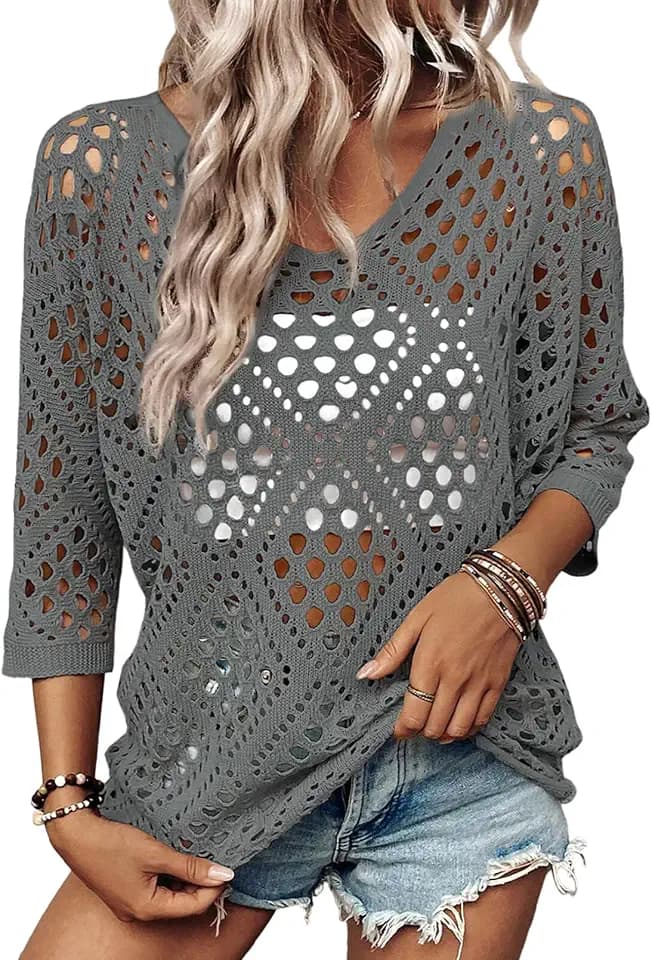 SHEWIN Womens Summer Tops Hollow Out Beach Crochet Cover Ups V Neck 3/4 Sleeve Pullover Sweater Shirts