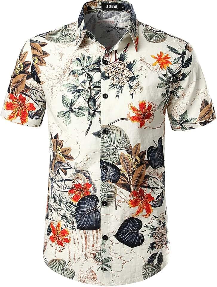 JOGAL Herren Casual Floral Blumenmuster Kurzarm Hawaiihemd