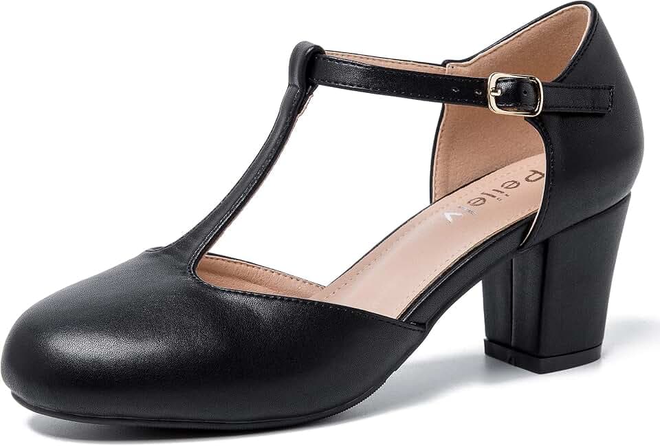 Women's T-Strap Mary Jane Pumps, Block Heel, Closed Toe, Dress Shoes with Buckle