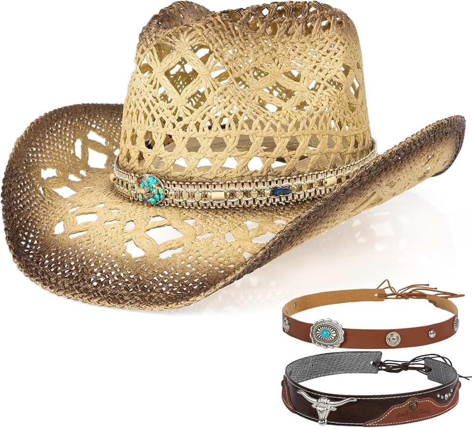 Cowboy Hat,Cowgirl Hat,Cowboy Hats for Women/Mens/3 Decorative Bands Straw Hat,Western Cowboy Hat for Women and Men