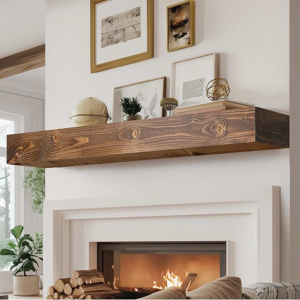 60x8x5in Pine Wood Fireplace Mantel Shelf, Weathered Brown