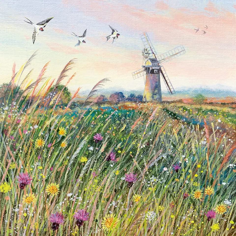 Coast and Country Grußkarte mit Umschlag, Motiv: Windmühle und Schwalben, blanko