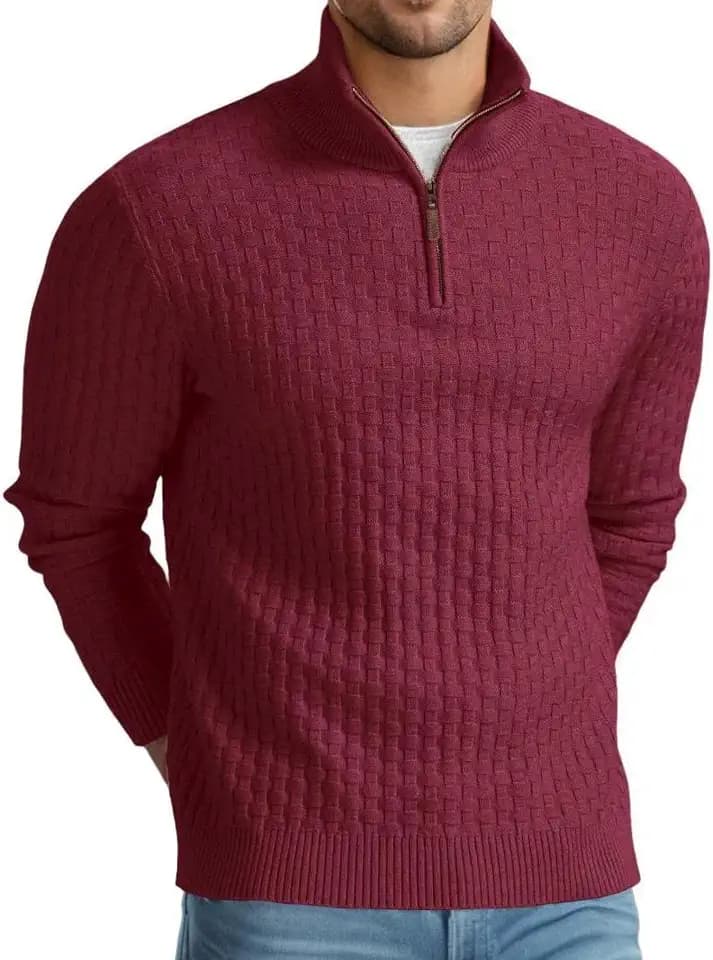 QIXING Troyer Herren Pullover mit Zopfmuster und Waffelmuster - Weicher Freizeit-Strickpullover mit 1/4-Reißverschluss und gerippten Kanten Pulli Herren
