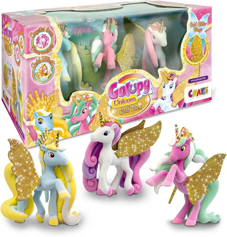 Galupy 3er Set Unicorn Gold Edition - Einhorn Spielfiguren mit Swarovski