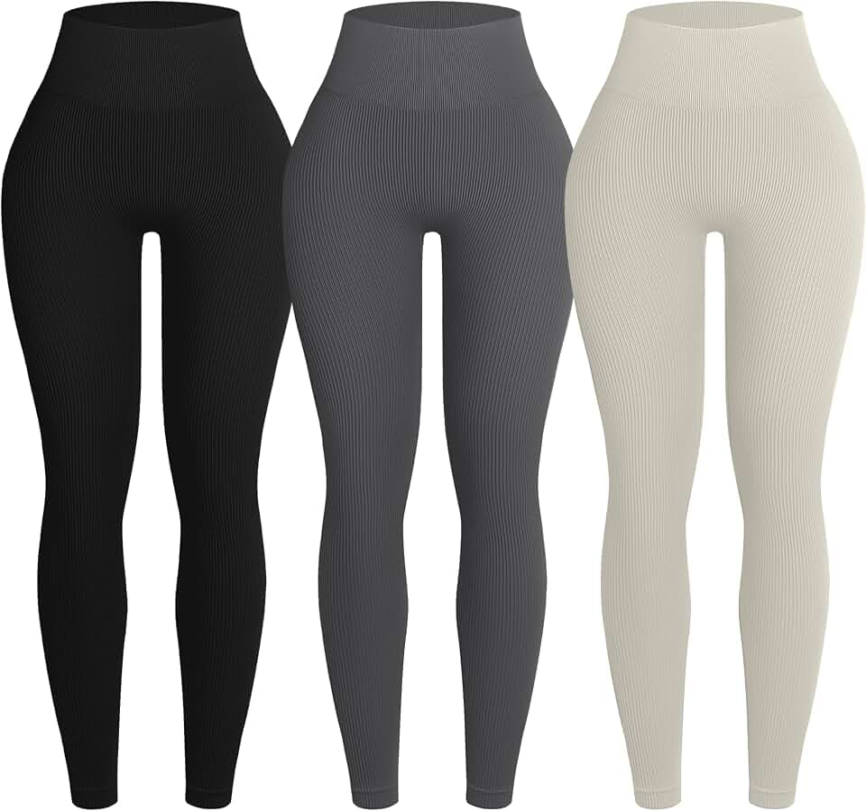OVESPORT 3 Piece Ribbed Seamless Leggings for Women High Waist Workout Gym Athletic Yoga Pants