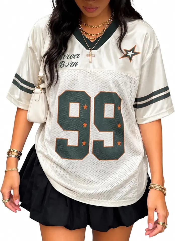 Adenorah Womens Oversized T Shirts V-Neck Streetwear Jersey Graphic Tees Mens Retro Hip Hop Mesh Summer Tops