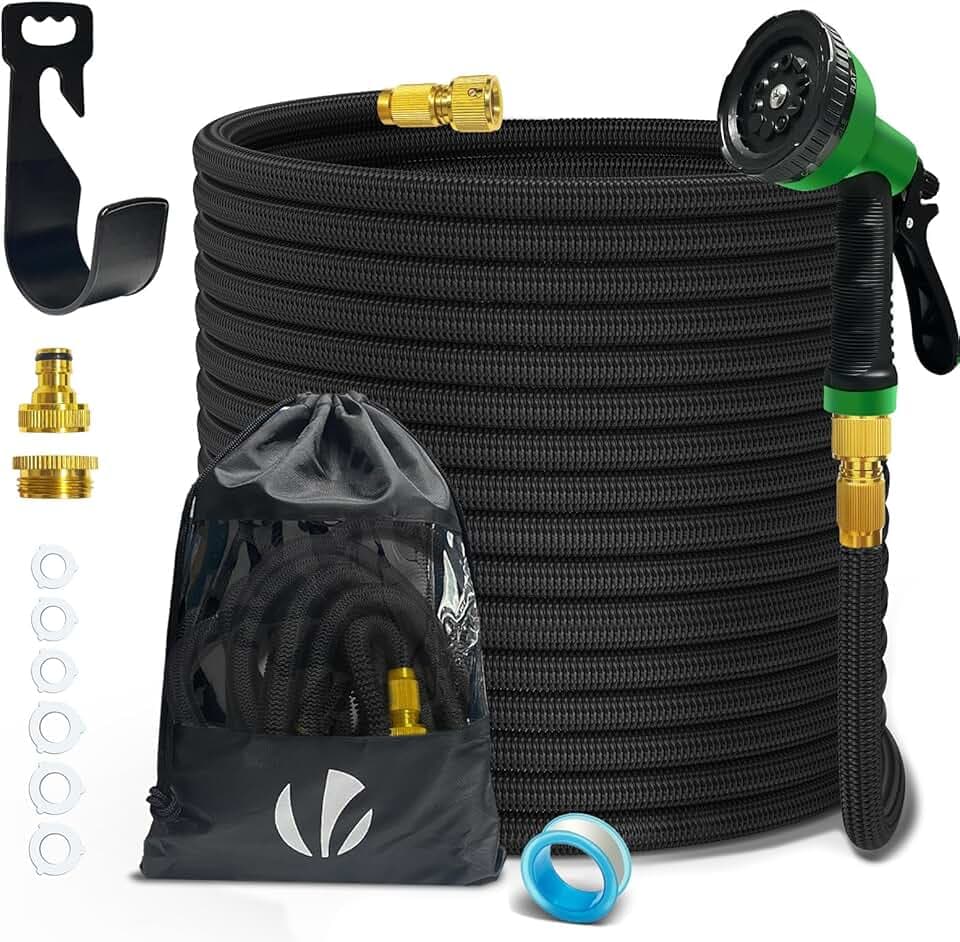 VOUNOT Flexibler Gartenschlauch 30 m, Flexibel Wasserschlauch Dehnbarer mit 10 Sprühfunktionen, 1/2 Zoll und 3/4 Zoll Messinganschlüssen, Aufbewahrungstasche inklusive, Schwarz