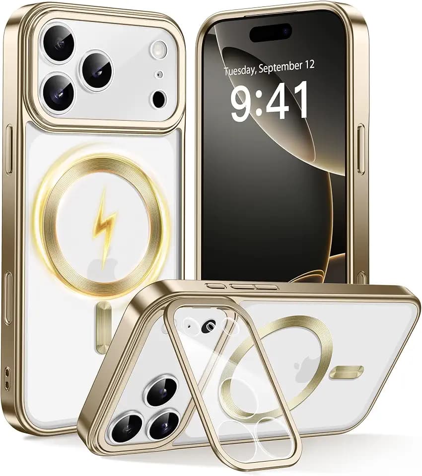 GolbinBox for iPhone 17 Pro Max Case with Stand, Compatible with MagSafe, Camera Control Button, Military-Grade Shockproof Protection, Plating Edge Phone Cover for iPhone 17 Pro Max 6.9'', Gold/Clear