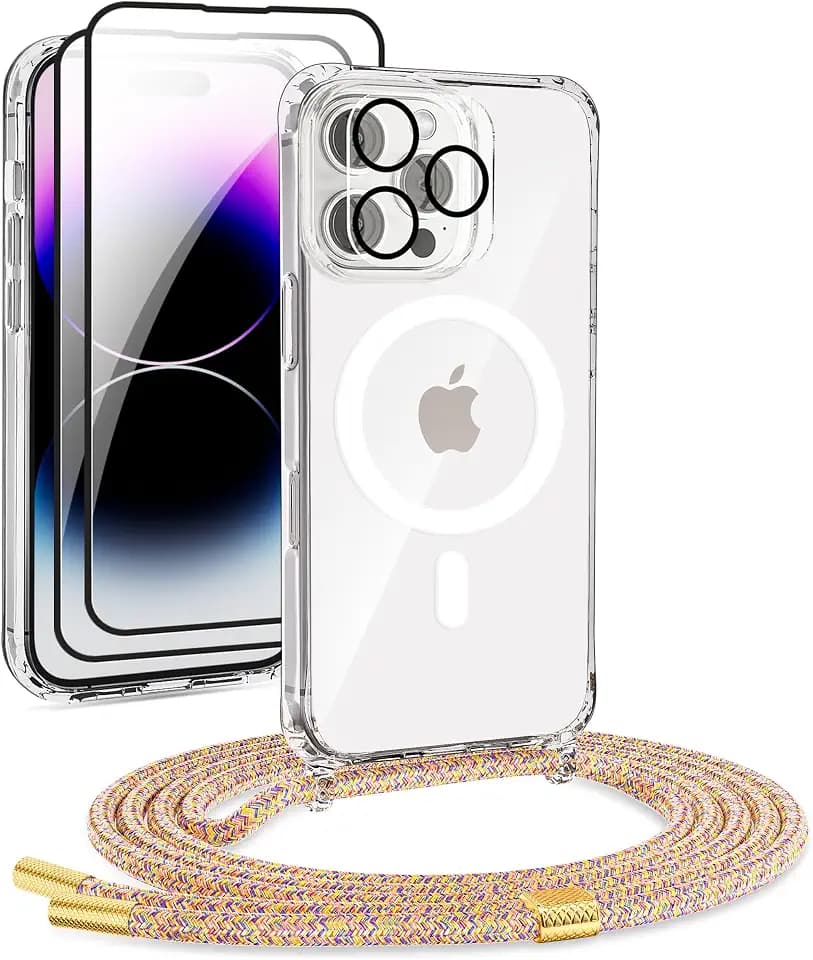 DiDaDi Handyhülle für iPhone 16 Pro Hülle mit Band & Magnet - Transparente Handykette, Abnehmbar mit 2X Panzerglas + Kameraschutz | Profi-Schutz Display & Kamera | Magnetisch Kompatibel (Rainbow)
