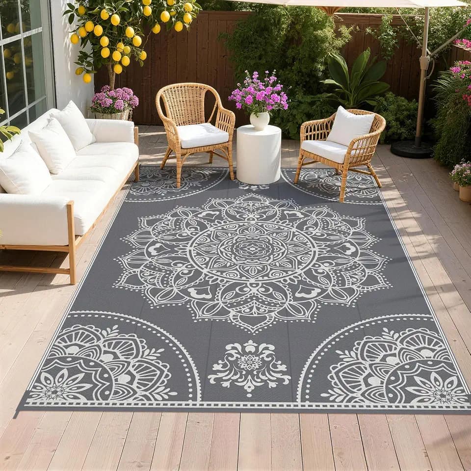 Pauwer Waterproof Outdoor Rug 6x9, Plastic Straw Patio Mat, Floral Grey