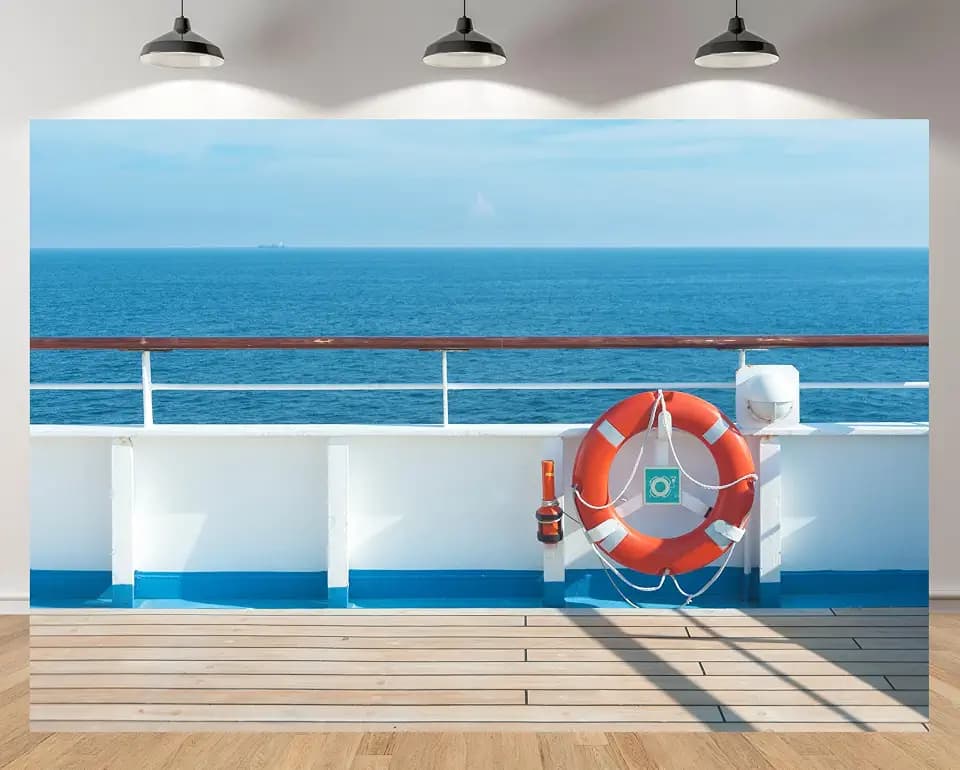 MAEQLQLM 10x6.5ft Cruise Ship Deck Backdrop Ocean View with Lifebuoy Photography Background for for Cruise Travel Theme Party Decor Marine Sailor Nautical Birthday Wallpaper Photoshoot Props