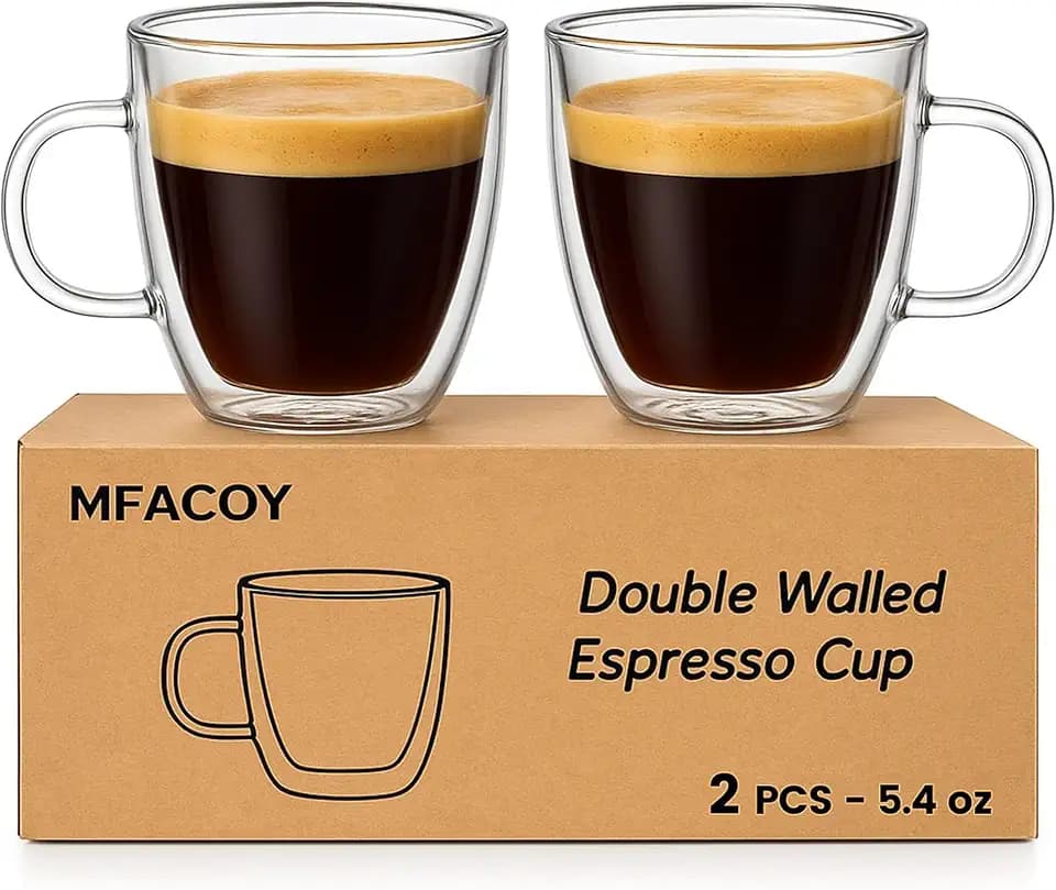 Mfacoy Glass Double Wall Insulated Espresso Cups (Set of 2), 5.4 oz Shots Cup with Handle, Insulated Glasses Mugs, Small Coffee Cups, Shot Glass