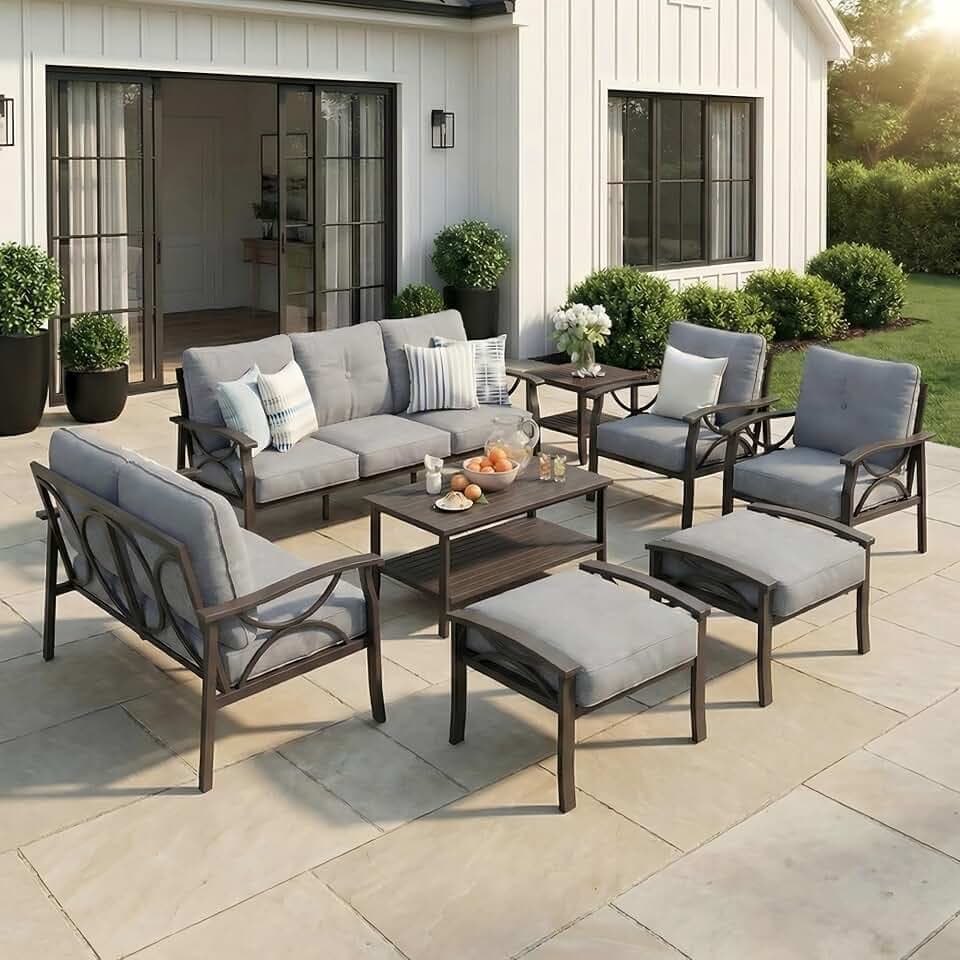 RoyalCraft 8-Pieces Outdoor Patio Furniture Set, Outdoor Metal Sectional Furniture with Cushions, Outdoor Conversation Seating Set with Coffee Table for Balcony, Backyard, Garden, Deck, Grey