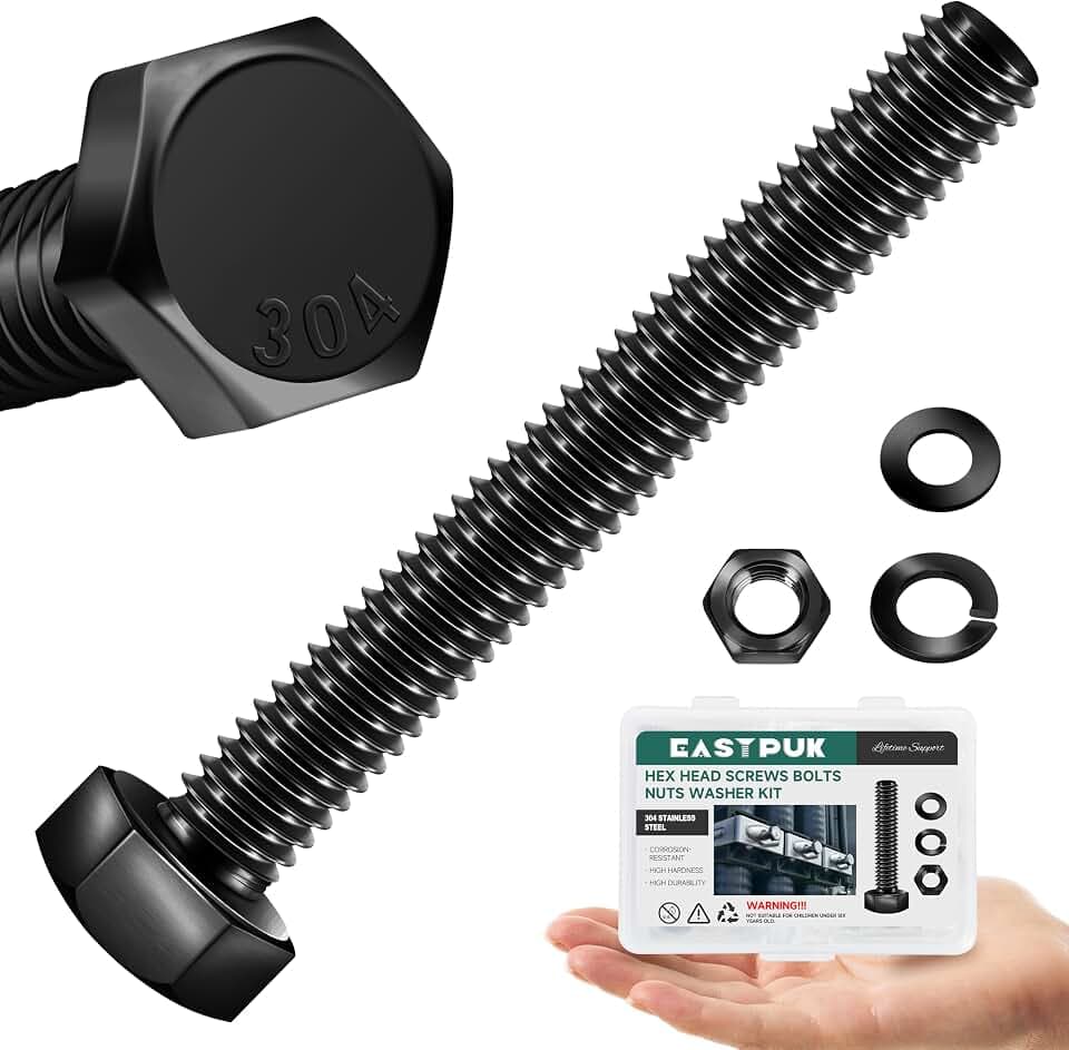 5/16-18 x 2-1/2" Hex Head Bolts Screws with Nuts, Flat & Lock Washers, 304 Stainless Steel Bolts and Nuts External Hex Drive Black Oxided 5/16 Bolt (10Sets)