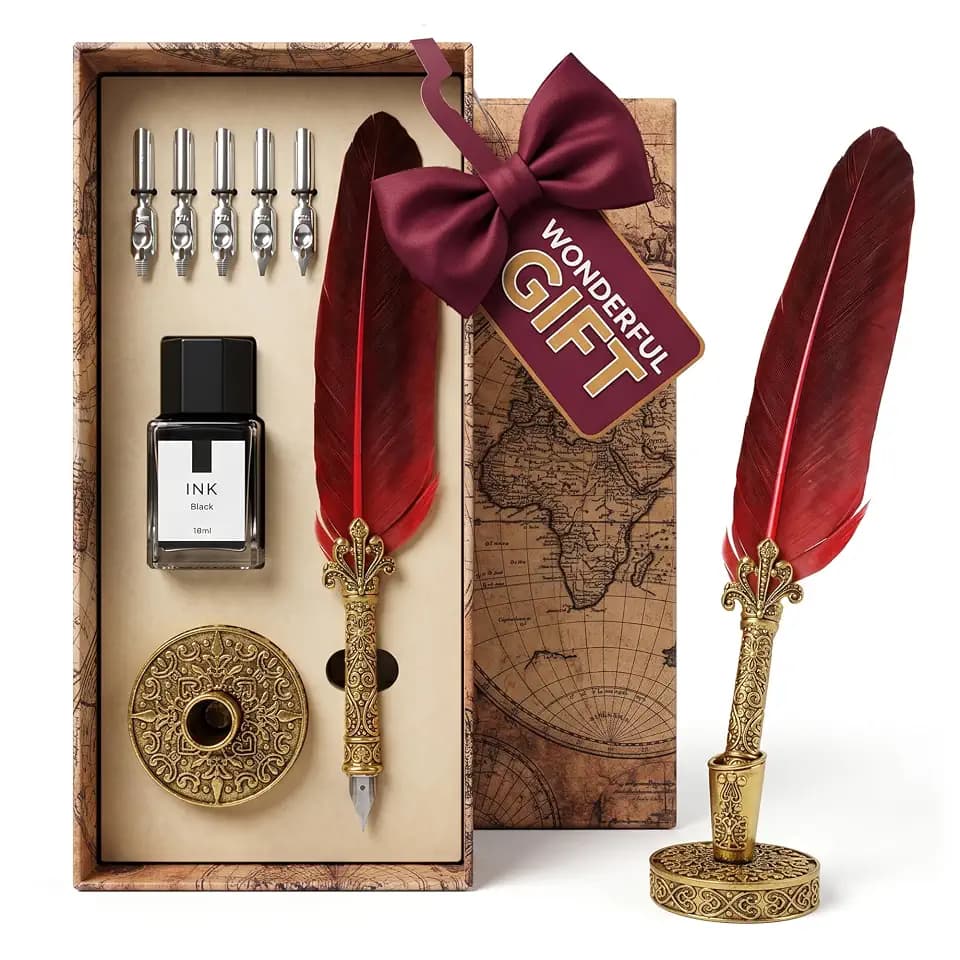 Quill Pen and Ink Set with 5 Spare Nibs, Inkwell and Quill Stand, Red