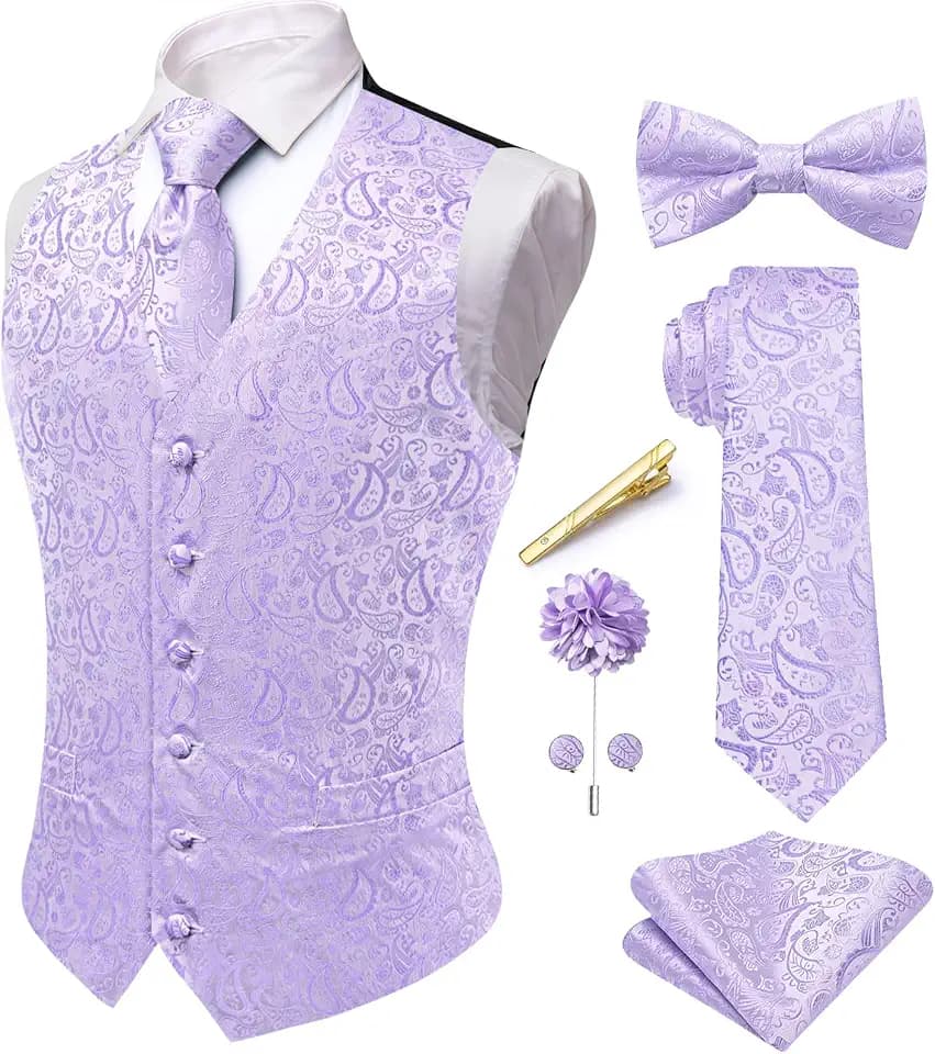 Hi-Tie Herren-Anzugweste, einfarbig, Paisley-Samt, Krawatte, Fliege, Einstecktuch, Manschettenknöpfe, Anstecknadel-Set, Smoking, Business