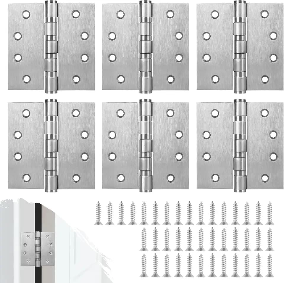 6Pcs Stainless Steel Silver Door Hinges, 4 x 4 Inch Door Hinge with Ball Bearing, Heavy Duty Door Hardware, Door Hinges with Square Corners