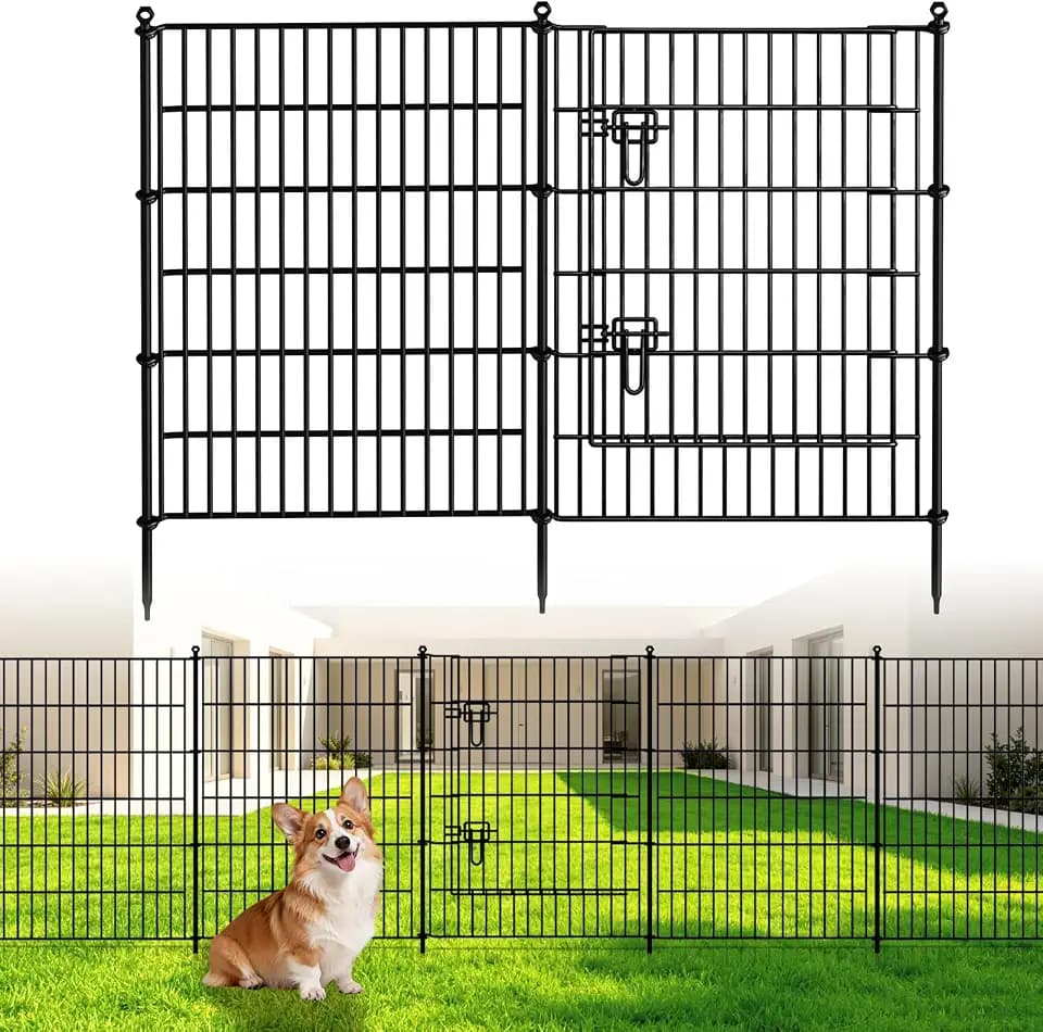 10 Panels Garden Fence,Rustproof Metal Fence Panels - 32in (H)×21.6ft (L) Garden Fencing Animal Barrier with Gate,Dog Fence Outdoor for Yard