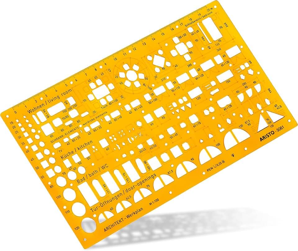 Aristo AR5061 Architektur Kombi Schablone 2 (1:100, Symbole für Grundrissdarstellung, Tuschenoppen, formstabiler PET-Kunststoff) orange-transparent