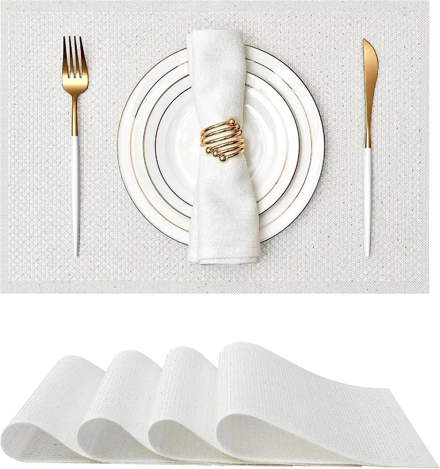 Woven Vinyl Placemats Set of 6, White Sequin