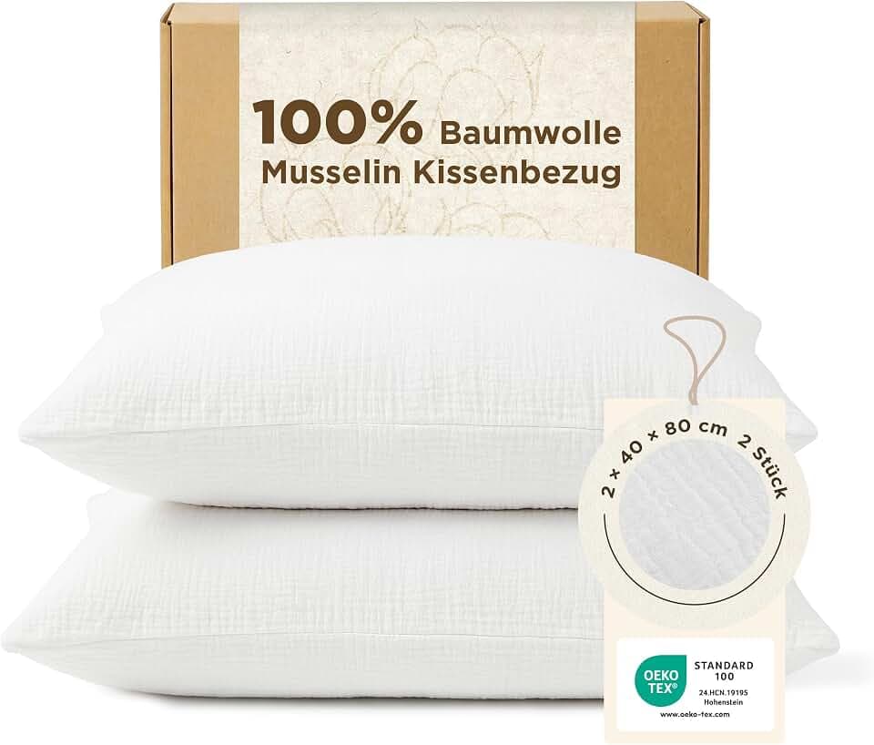 BEDSURE Musselin Kissenbezug 40x80 2er - 100% Baumwolle, Weiß, Oeko-TEX