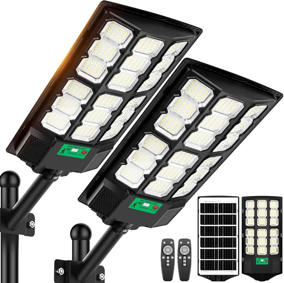 17" Solar Street Lights Outdoor Waterproof, 36000LM 6500K Dusk to Dawn Solar Flood Light, Motion Sensor Solar-Powered Light with Remote Control, Commercial Area Lighting for Outside Parking Lot 2-Pack
