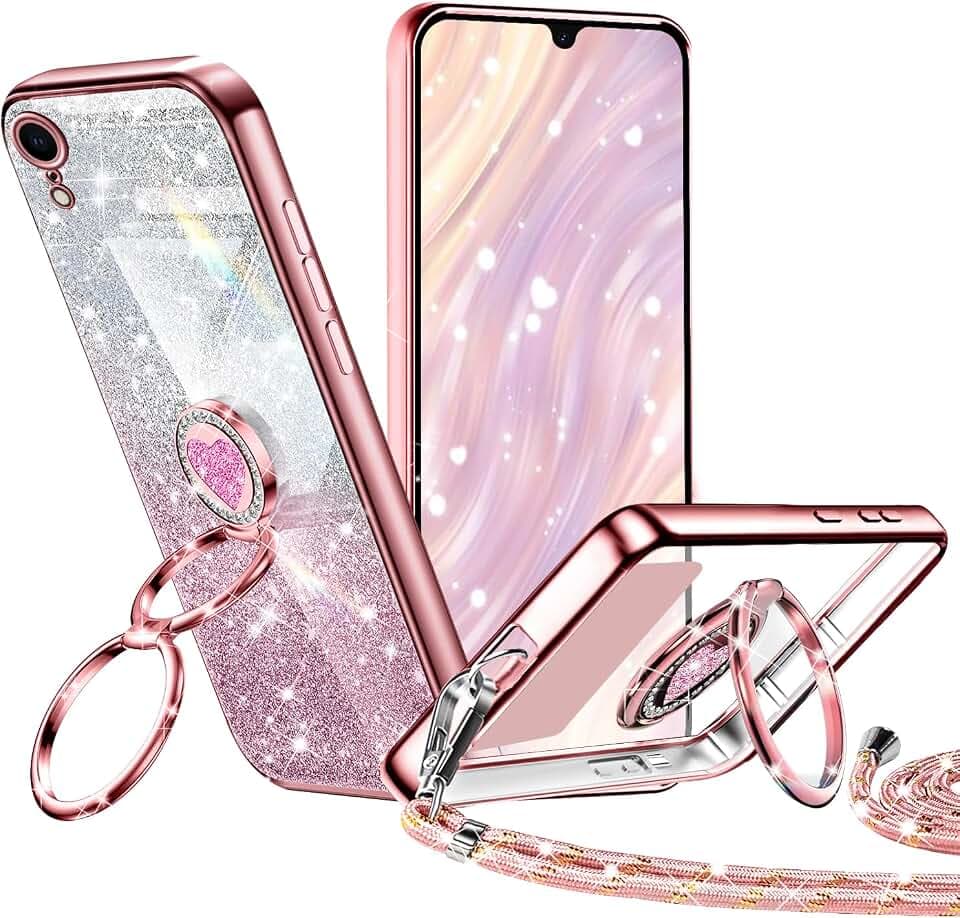 Tawarror Glitzer Handyhülle für iPhone XR Hülle mit Band, Galvanisierte Silikon TPU für iPhone XR Schutzhülle mit Herzen Doppelring Ständer, Kordel zum Umhängen Stossfest Case Roségold