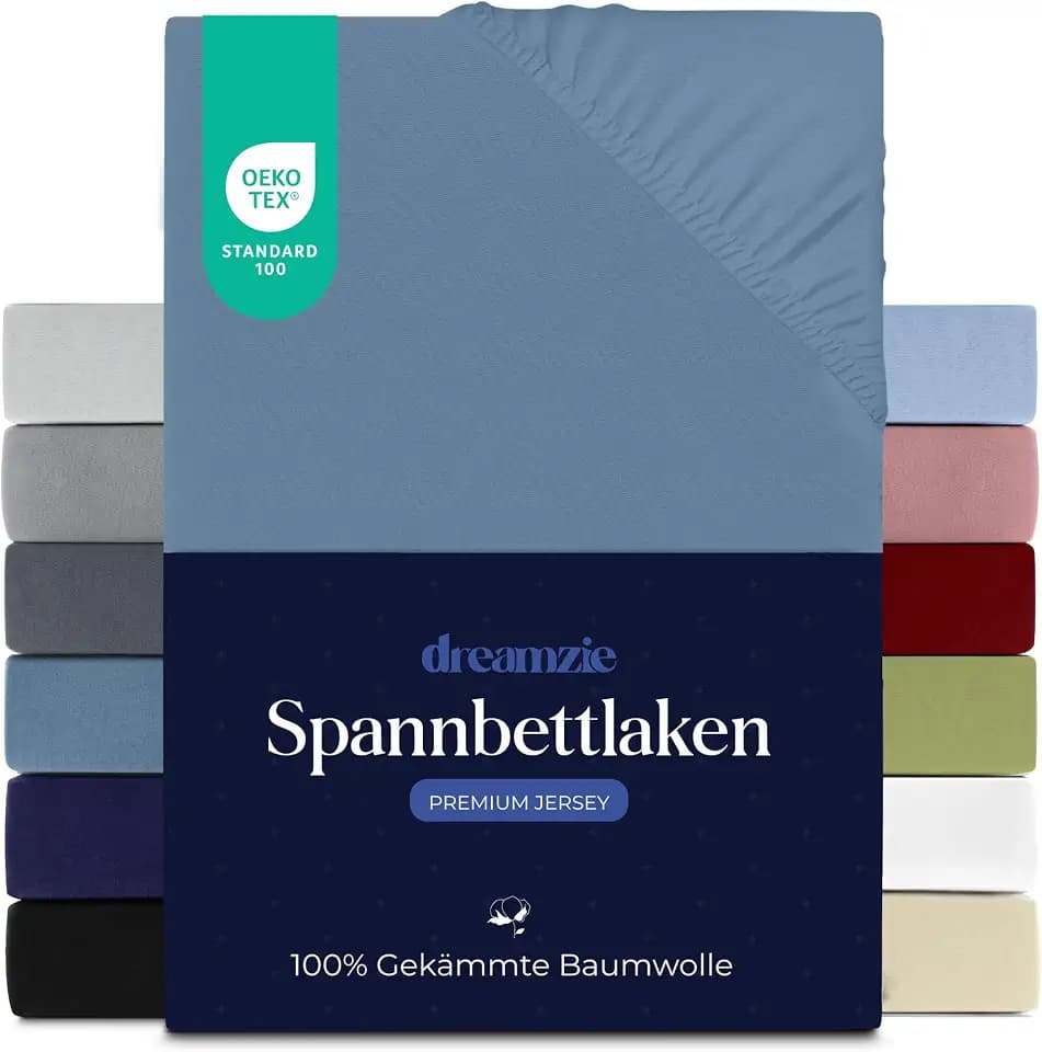 Dreamzie - Spannbettlaken - 140x200cm - 100% Gekämmte Baumwolle - Jersey | Blau · Leintuch mit Rundumgummi · Spannbetttuch bis 22cm Steghöhe · Oeko-Tex zertifiziert · Premium · Doppelbett