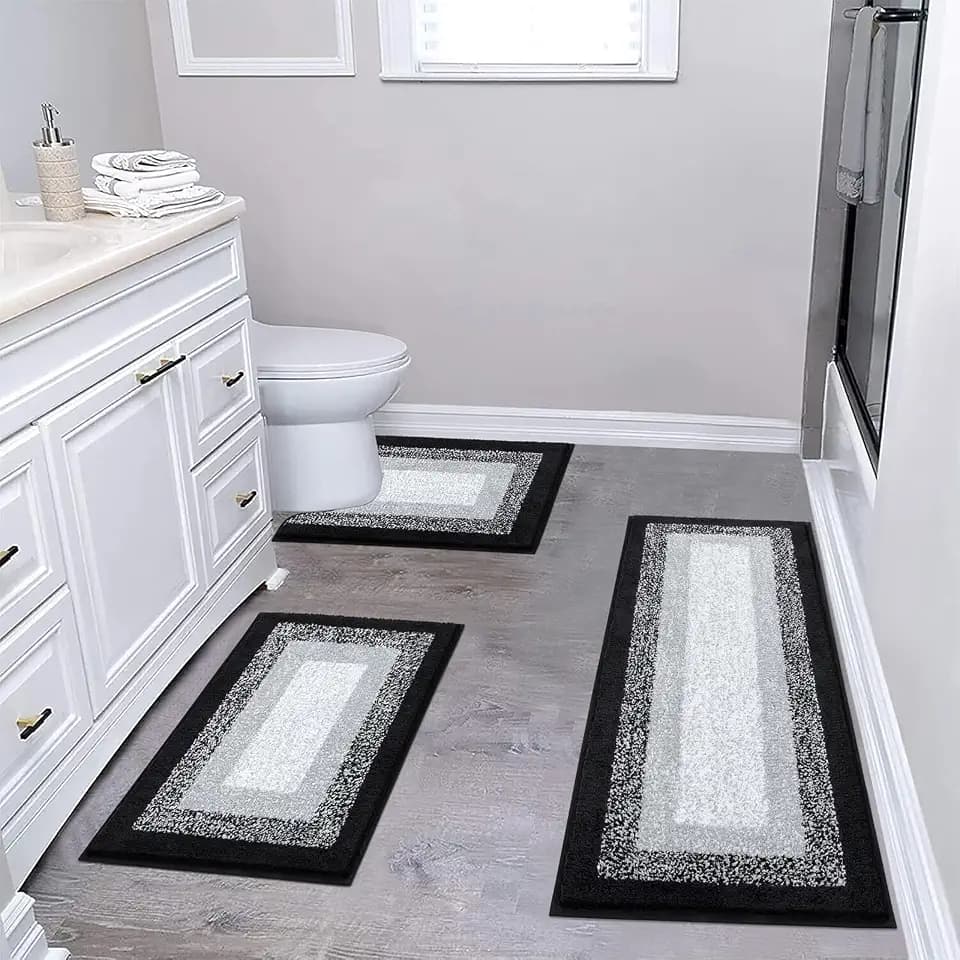Bsmathom Bathroom Rug Sets 3 Piece, Non Slip Washable Bath Mats, Black