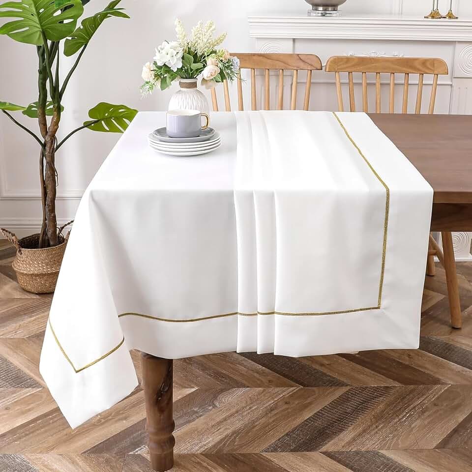 Majestic Giftware Linen Look Polyester Tablecloths for Rectangle Tables | (70/180) - TC1553 White with Gold Trim Design Etched at Seam Table Cover | Decorative Washable Tablecloth for Kitchen & Dining