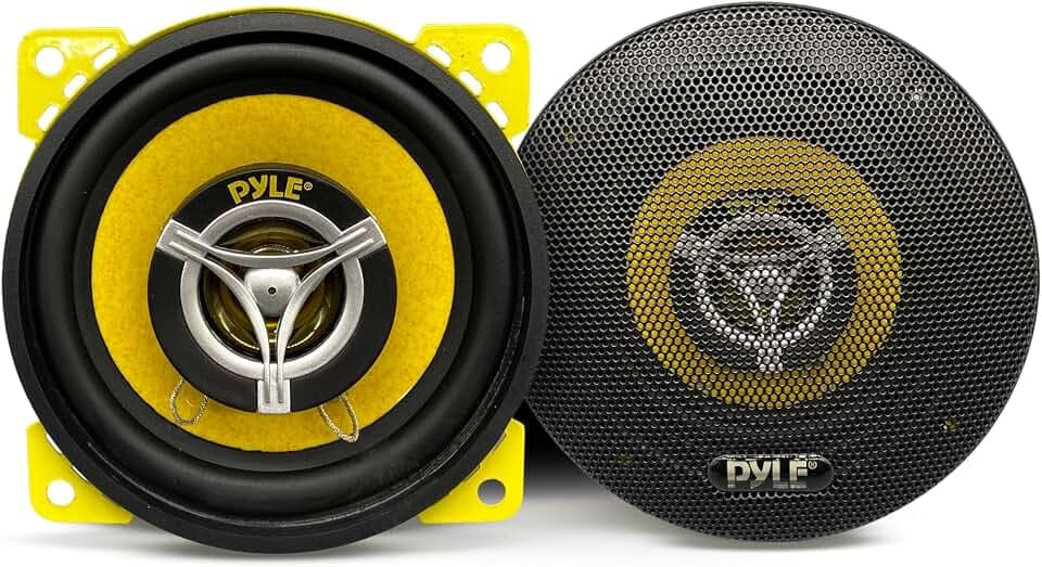 Pyle 4" (10,16 cm) 2-Wege Lautsprecher – 140W 4 Ohm Coaxial-Auto-Komponenten-Set – Butyl-Gummi, gelber Poly-Konus, 0,57 kg Magnet, 4,7 cm Einbautiefe, inkl. Gitter & Zubehör, passt für OEM-Slots