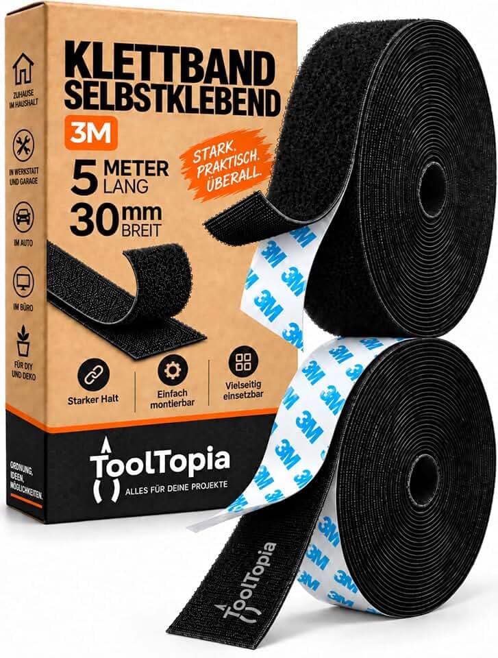 Klettband Selbstklebend Extra Stark Outdoor & Indoor 30mm x 5m schwarz