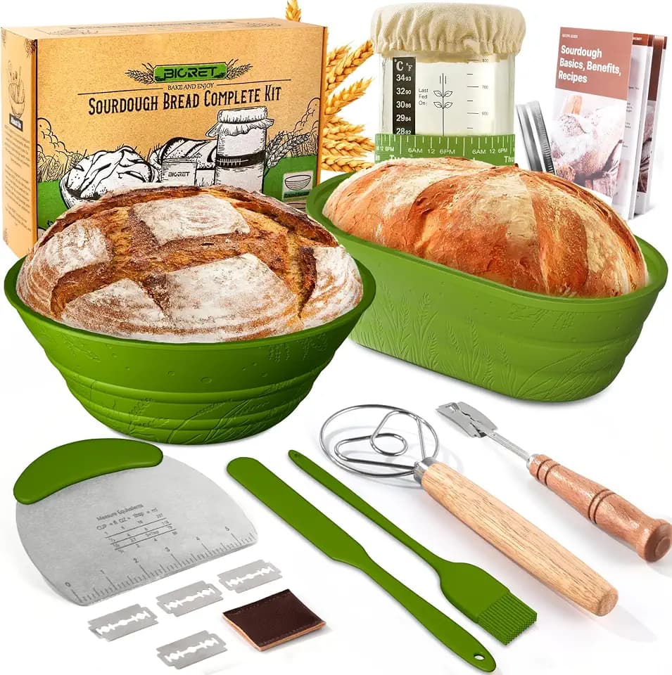 Sauerteig Starterset aus 2x Gärkörbchen Silikon 1000ml Gärglas mit Spatel,Brot Backen Zubehör Teigschneider Dänischer Teigbesen