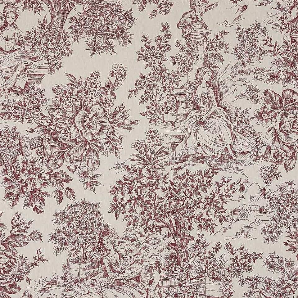 Kt KILOtela - Canvas Dekostoff, Home-Accessoires, Tischdecken, Kissen, Vorhänge, Taschen, 300 cm Länge x 280 cm Breite, Romantisch, Toile de Jouy, Granat, Ecru ─ 3 Meter