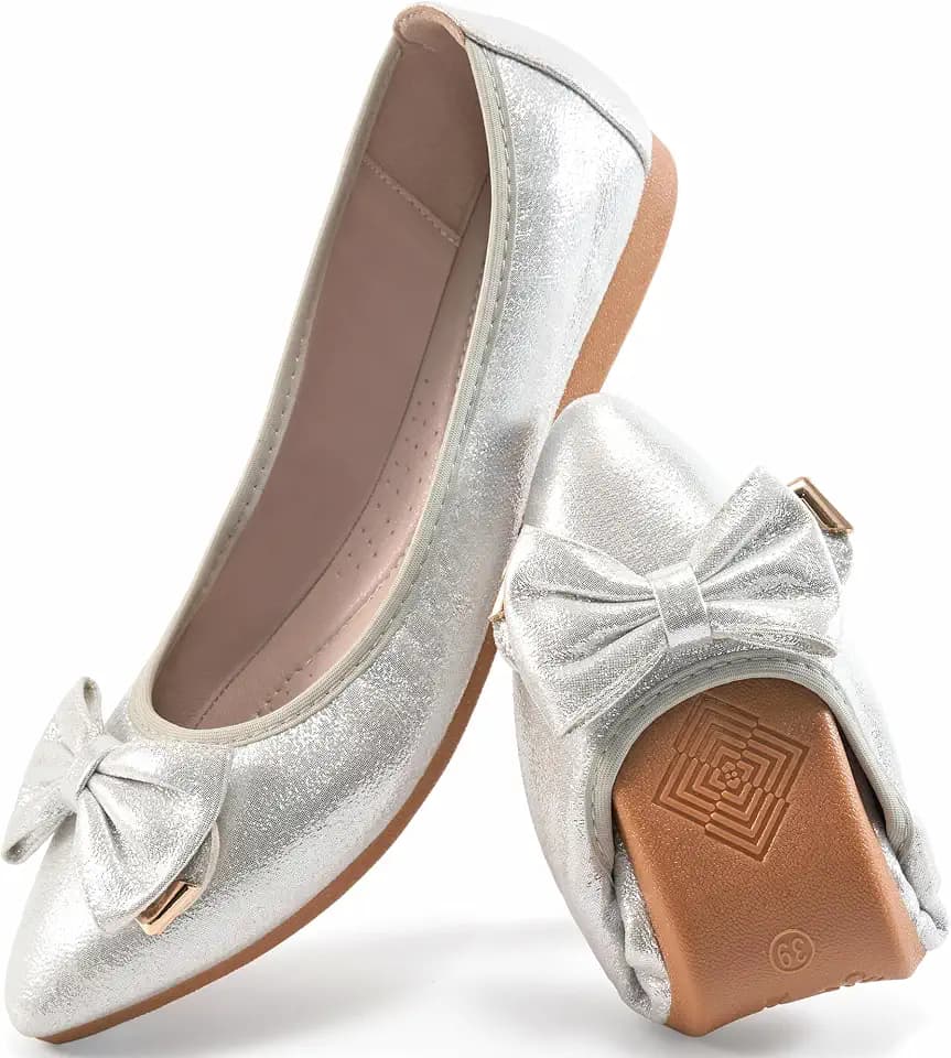 FUDYNMALC Women's Ballet Flats Comfortable: Foldable Pointed Toe Dress Shoes Slip On Loafers with Bow for Office Wedding Work