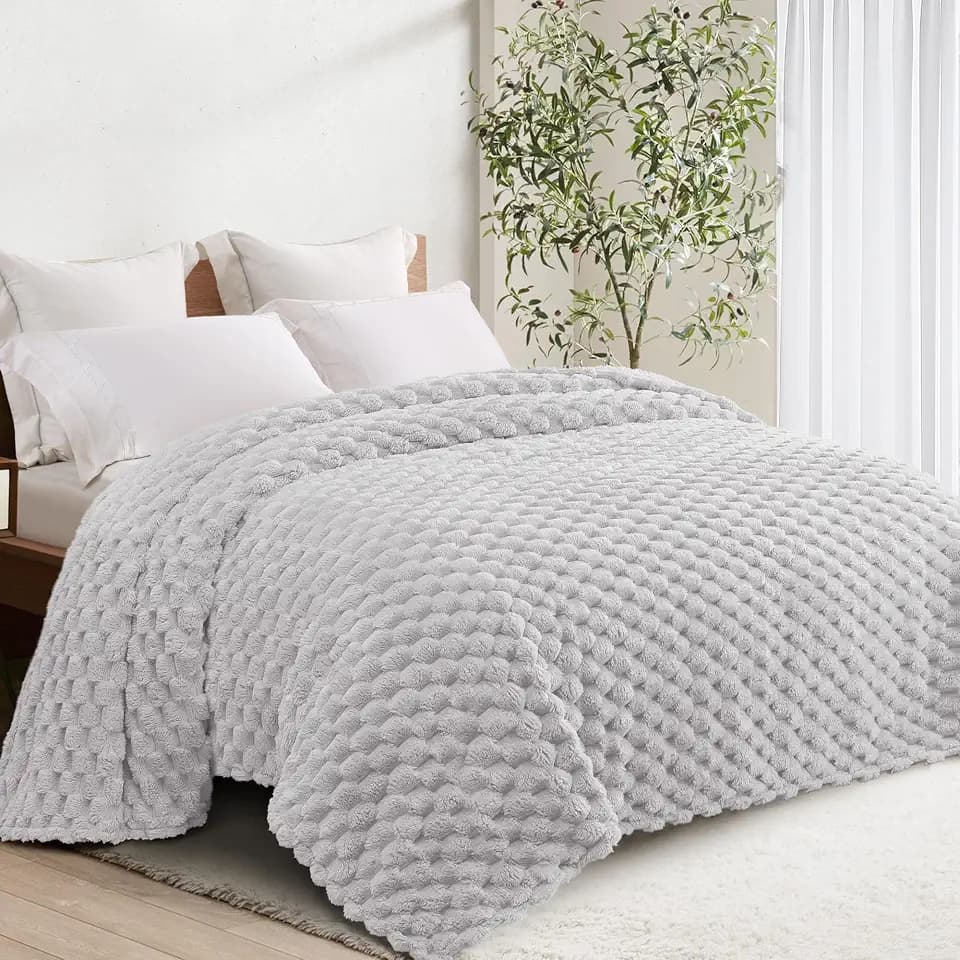 Whale Flotilla Soft Fleece Twin Size Bed Blanket 3D Jacquard, Light Grey