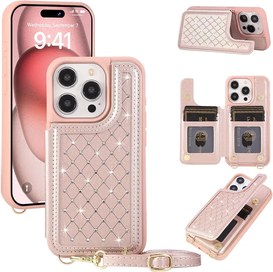 for iPhone 16 Pro Max Wallet Case with Card Holder Slots and Strap, RFID Blocking Magnetic Flip Folio Cover, Crossbody Purse Protection Case with Kickstand,Rose Gold Diamond