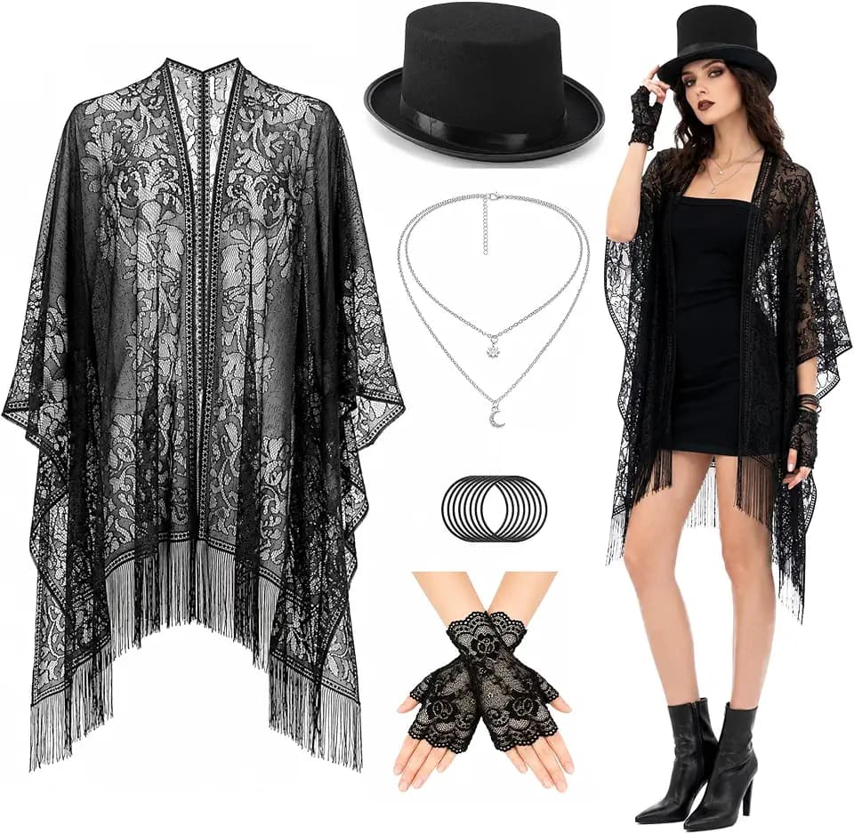 5 Pcs Halloween Punk Top Hat Costume Set, Lace Cape Gloves Bracelet Black