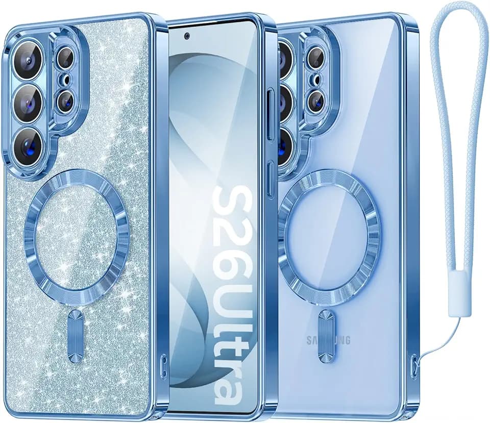 Meifigno Magnetic Case Designed for Samsung Galaxy S26 Ultra 6.9", [Compatible with MagSafe] [Removable Glitter Card & Wrist Strap], Surround Lens Protection Case for Galaxy S26 Ultra, Sky Blue