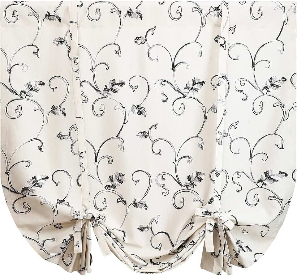 VOGOL Gray Vine Embroidered Curtain Tie-Up Balloon Shade, 42 x 63