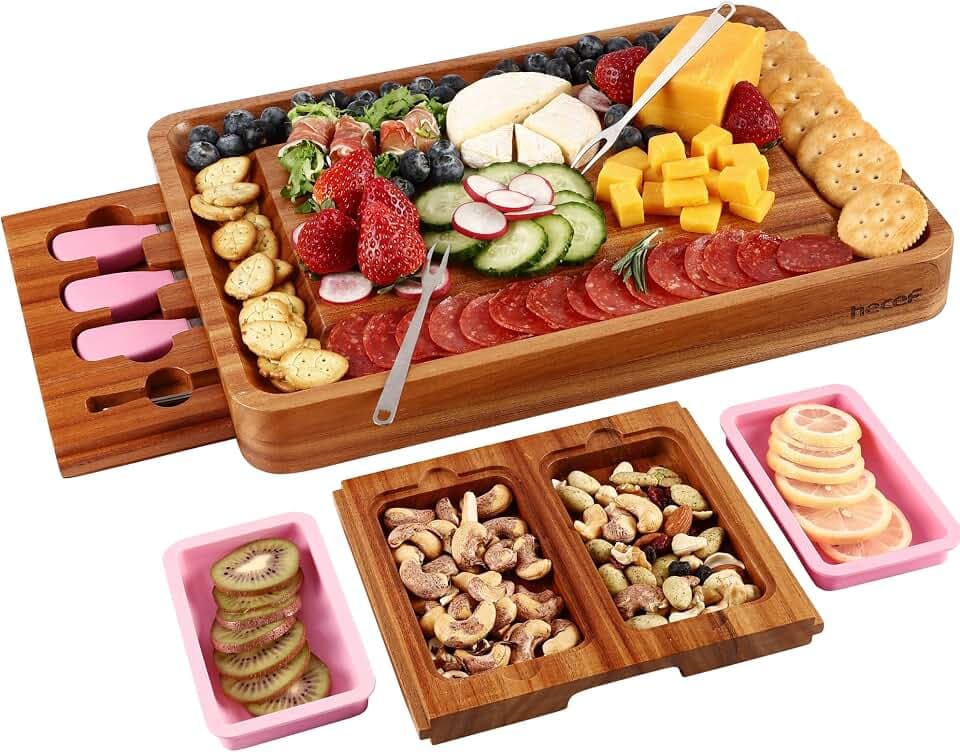 hecef Pink Large Charcuterie Board Set with Stainless Steel Cheese Knives, Cheese Board Set Wooden Appetizer Platter for Housewarming, Weddings, Birthdays & More, Forks & Pull-Out Drawers