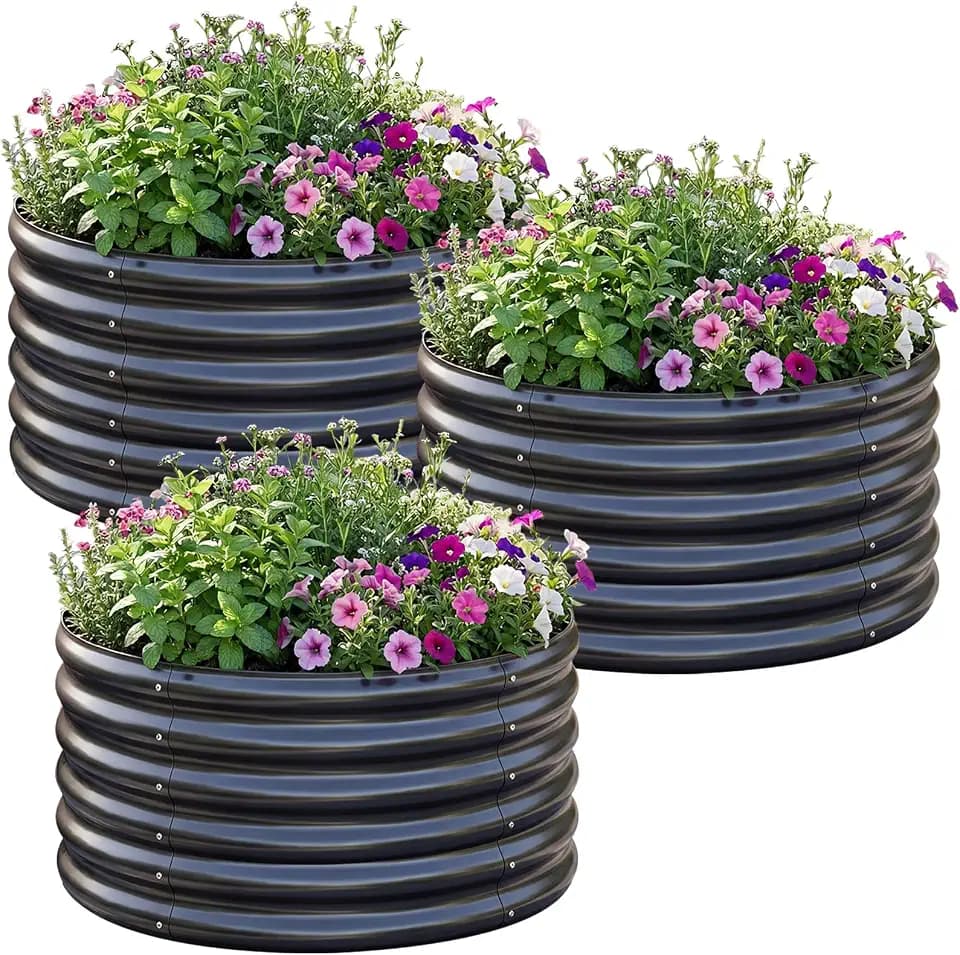 AHEONLAR 3PCS 2x2x2ft Galvanized Raised Garden Bed Kit Round Metal Flower Box Large Planter Raised Beds Outdoor Garden for Planting,Fruit,Herb Grey