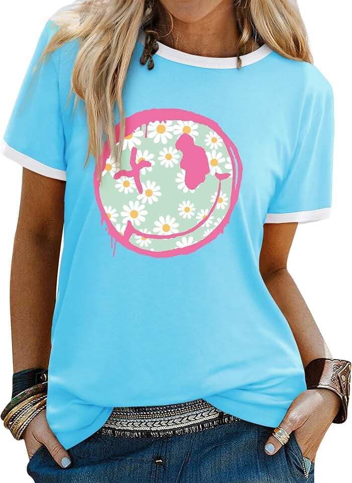 WIEIYM Damen-T-Shirts, Rundhalsausschnitt, kurzärmelig, lässig, Sommer, Tops, Smiley-Gesicht, bedruckte T-Shirts, Bluse, S-XXL