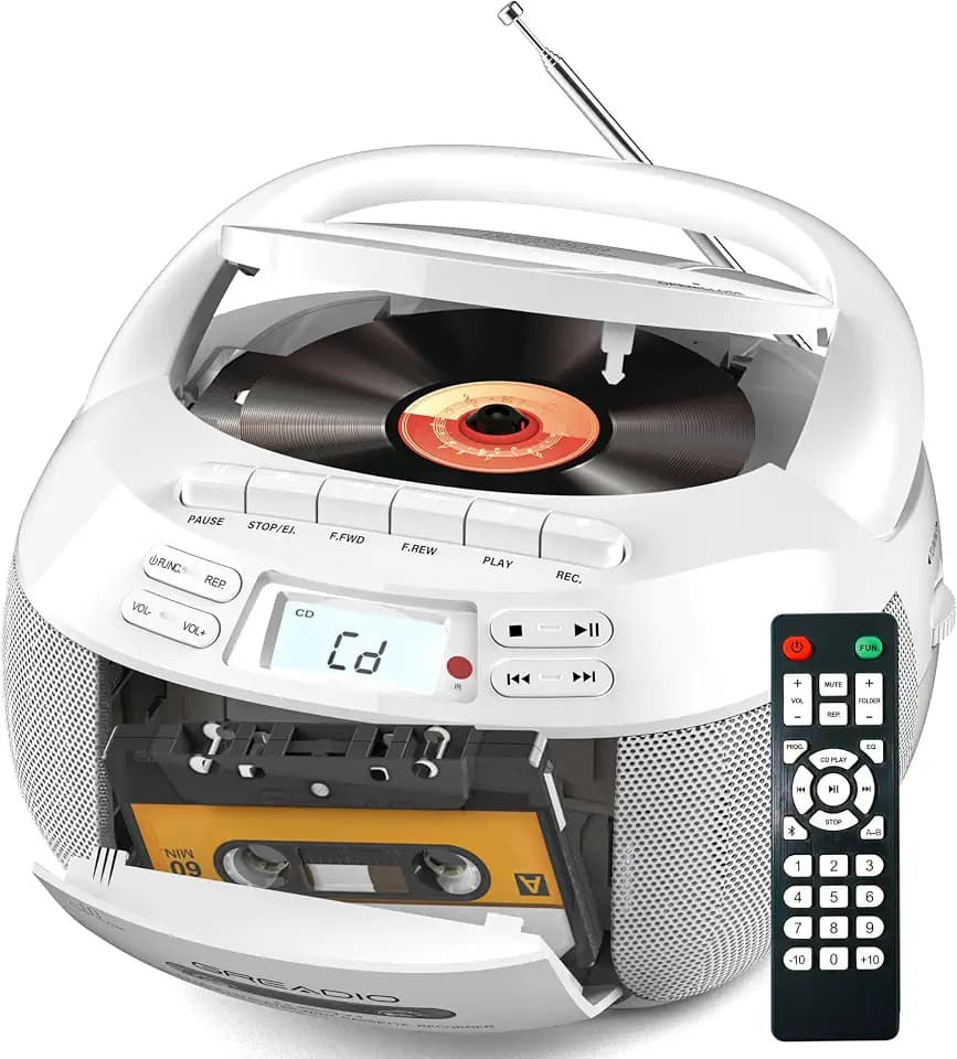 Greadio CD Player Tragbar, Boombox Kassettenspieler mit Bluetooth
