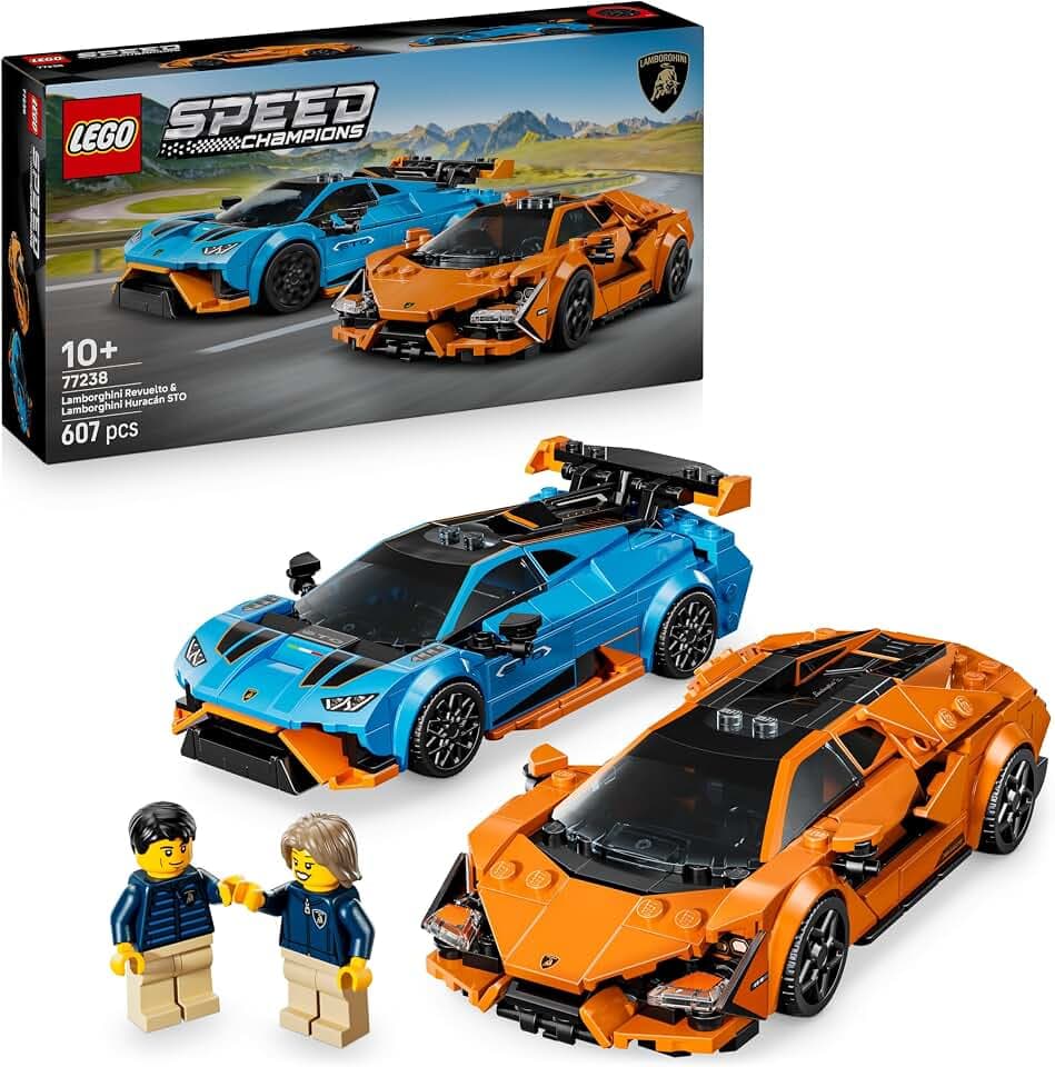 LEGO Speed Champions Lamborghini Revuelto und Huracán STO - Auto Set mit 2 Rennwagen und 2 Fahrer Minifiguren - Spielzeug für Auto Fans - Kreatives Geschenk für Jungen ab 9 Jahren - 77238